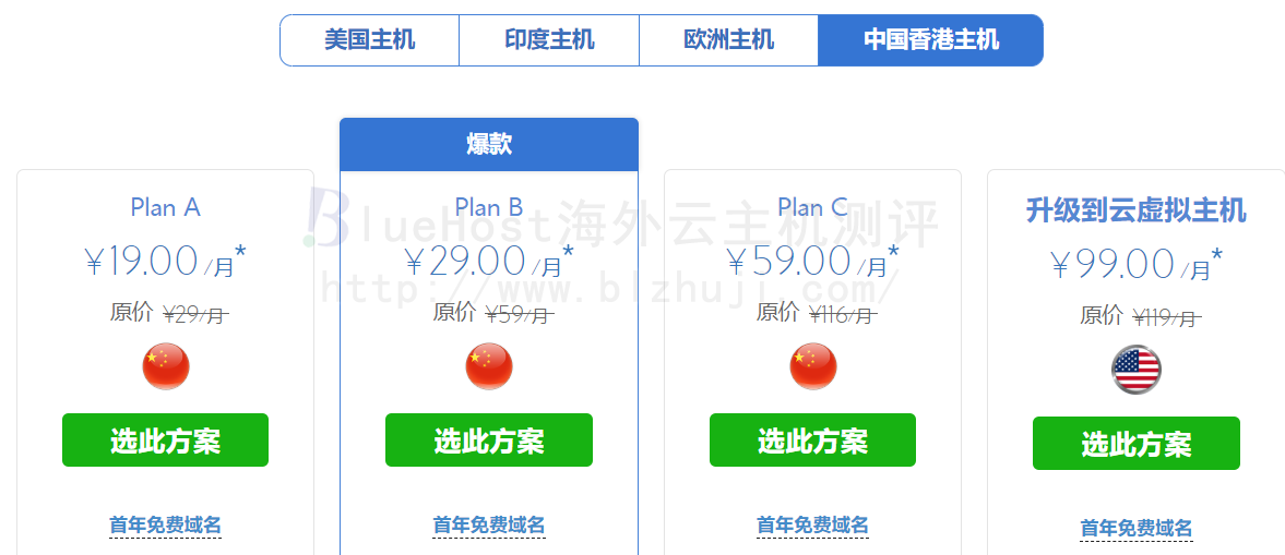 BlueHost香港主机价格