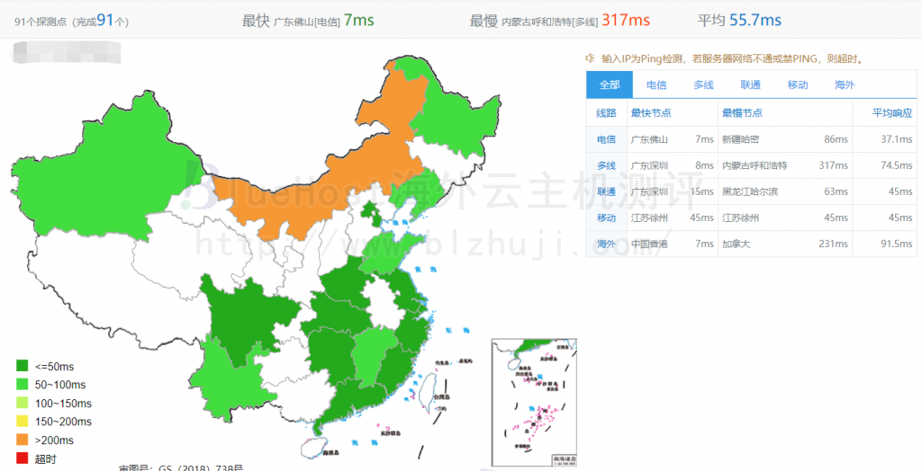 BlueHost中国香港主机ping测试结果