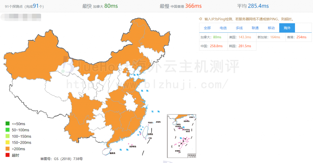 BlueHost欧洲主机ping测试结果