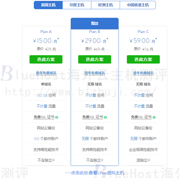 BlueHost美国主机价格表